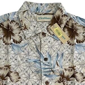NWT Caribbean Tropical Floral Camp Shirt Brown Blue Large